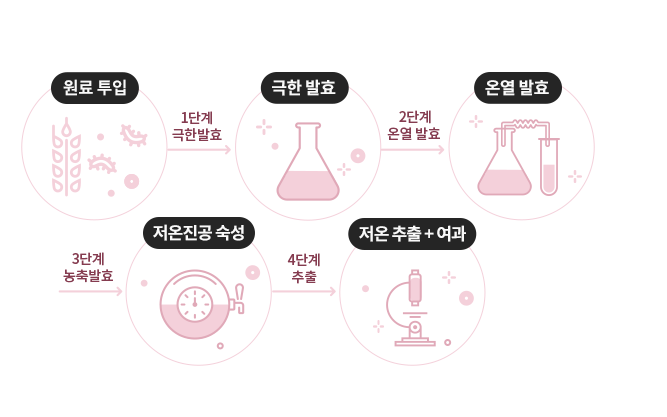 원료투입: 1단계 극한발효 -> 극한발효: 2단계 온열 발효 -> 온열 발효: 3단계 농축발효 -> 저온진공 숙성: 4단계 추출 -> 저온추출 + 여과